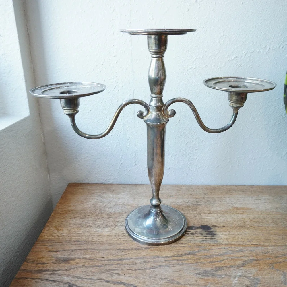 Vintage Silver Tone 3 Arm Candelabra Scroll Triple Candle Holder Centerpiece